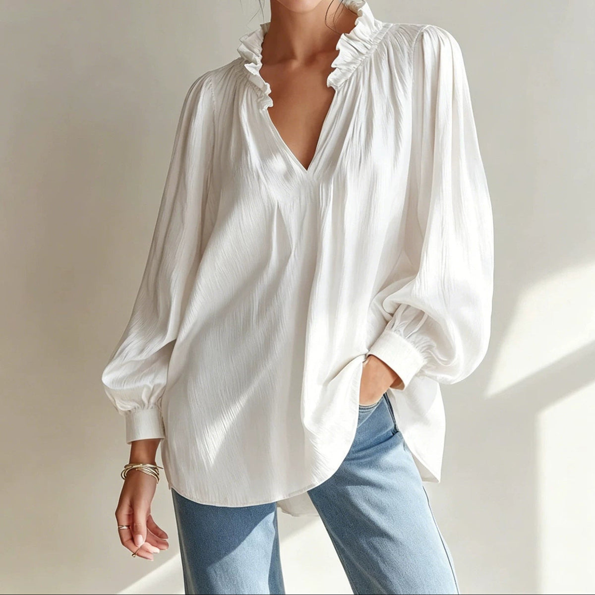 Women's Ruffle V-Neck Blouse Long Sleeve Loose Fit Top