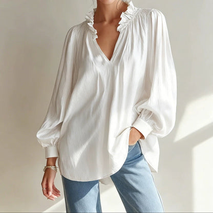 Women's Ruffle V-Neck Blouse Long Sleeve Loose Fit Top