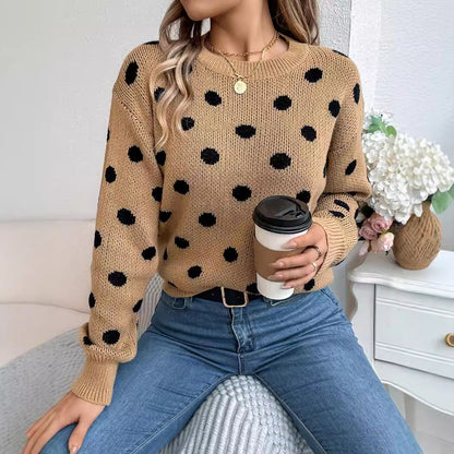 Women's Polka Dot Crew Neck Lantern Sleeve Sweater