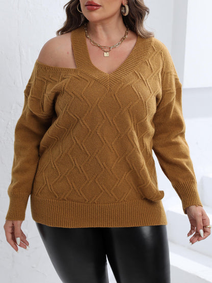 Women's Personalized Off-Shoulder Woven Sweater V-Neck Pullover Sweater