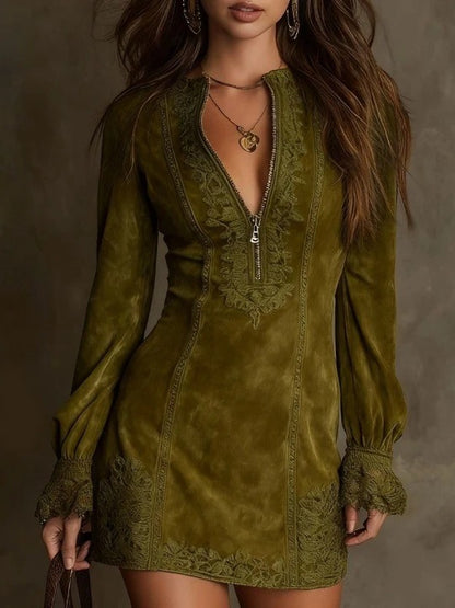 Women's Suede Lace Zip Front Long Sleeve Midi Dress
