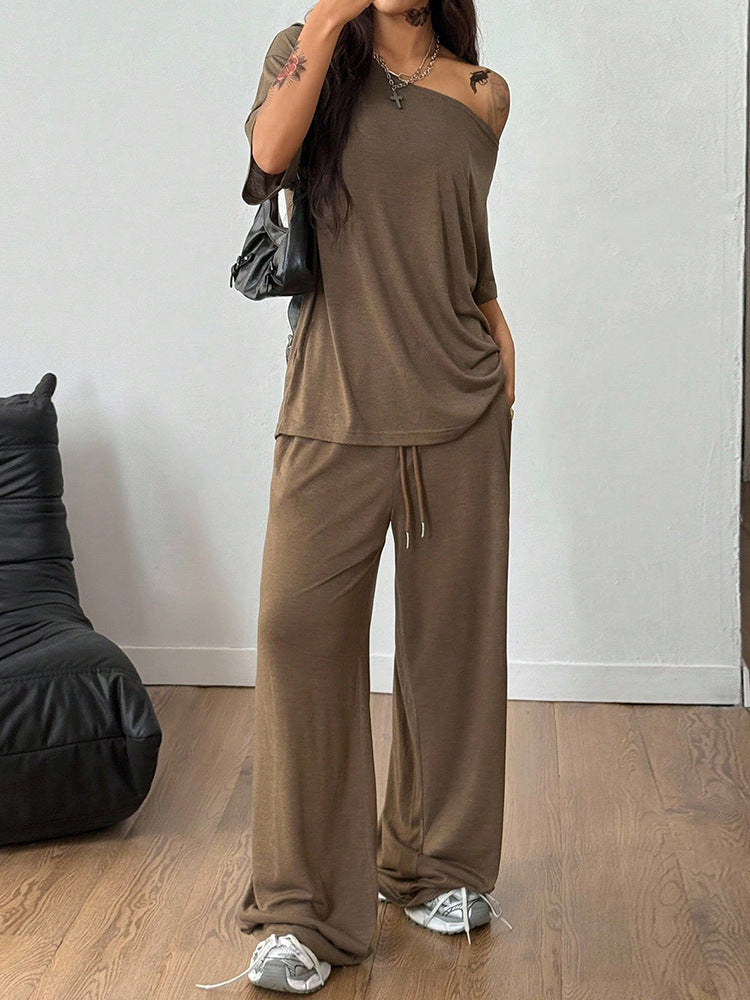 Women Off Shoulder Wide Leg Pants Casual Two Piece Set