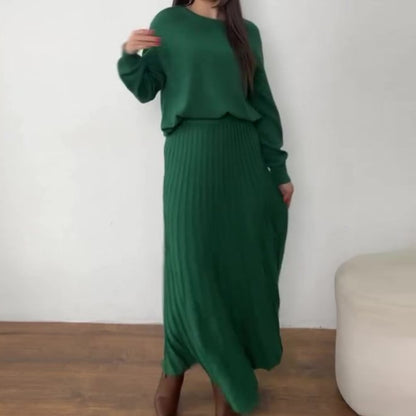 Women's Two Piece Pleated Maxi Skirt Set Long Sleeve