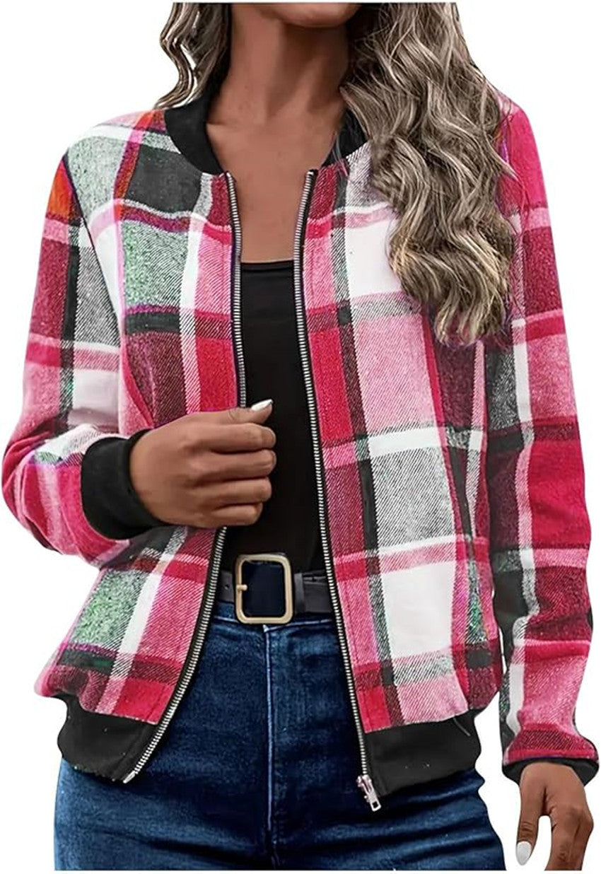 Women's Plaid Zip-Up Bomber Jacket Casual