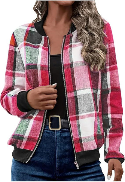 Women's Plaid Zip-Up Bomber Jacket Casual