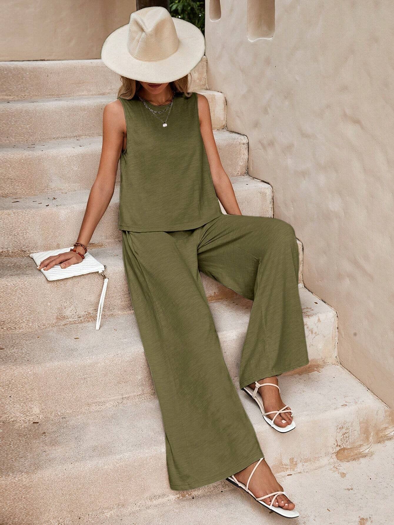 Navy Sleeveless Wide Leg Lounge Set Casual Two Piece