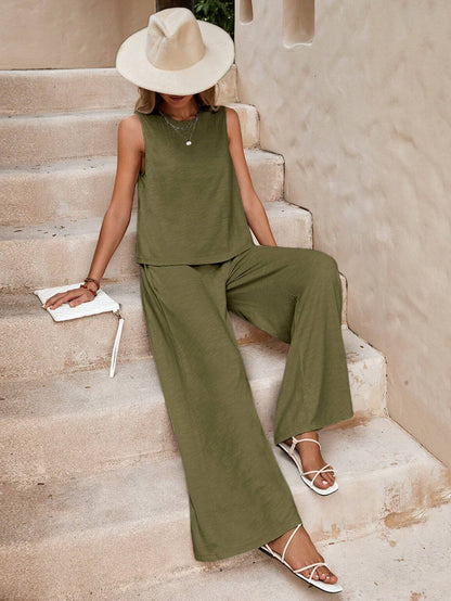 Navy Sleeveless Wide Leg Lounge Set Casual Two Piece