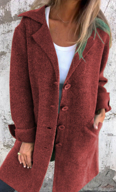 Women Long Wool Coat Lapel Button Front Jacket Pockets