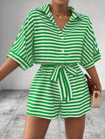 Striped Belted Button Down Romper with Half Sleeves
