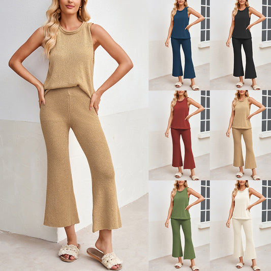 Solid Knit Lounge Set Sleeveless Tank Wide Leg Pants