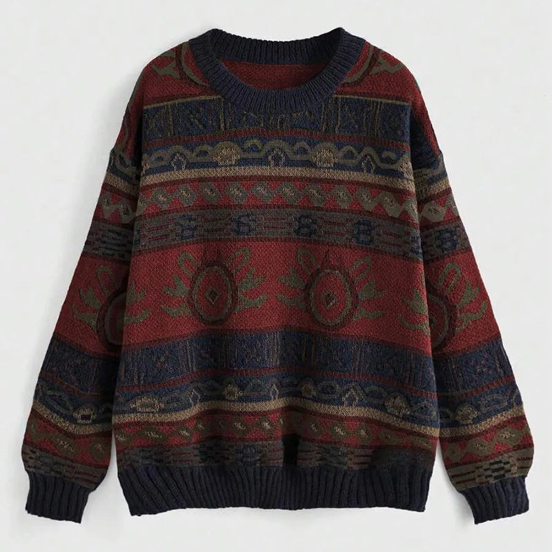 Women's Oversized Vintage Jacquard Crewneck Knit Sweater