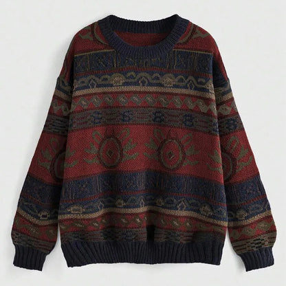 Women's Oversized Vintage Jacquard Crewneck Knit Sweater