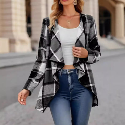 Women's Buffalo Plaid Shawl Collar Belted Jacket