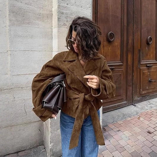 Women's Cropped Faux Suede Jacket Double Breasted Tie