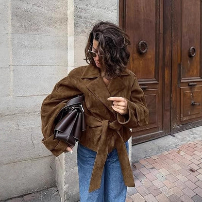 Women's Cropped Faux Suede Jacket Double Breasted Tie