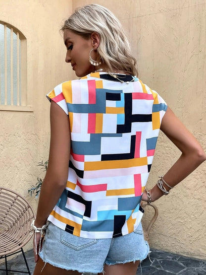 Geometric Print V-Neck Batwing Sleeve Blouse