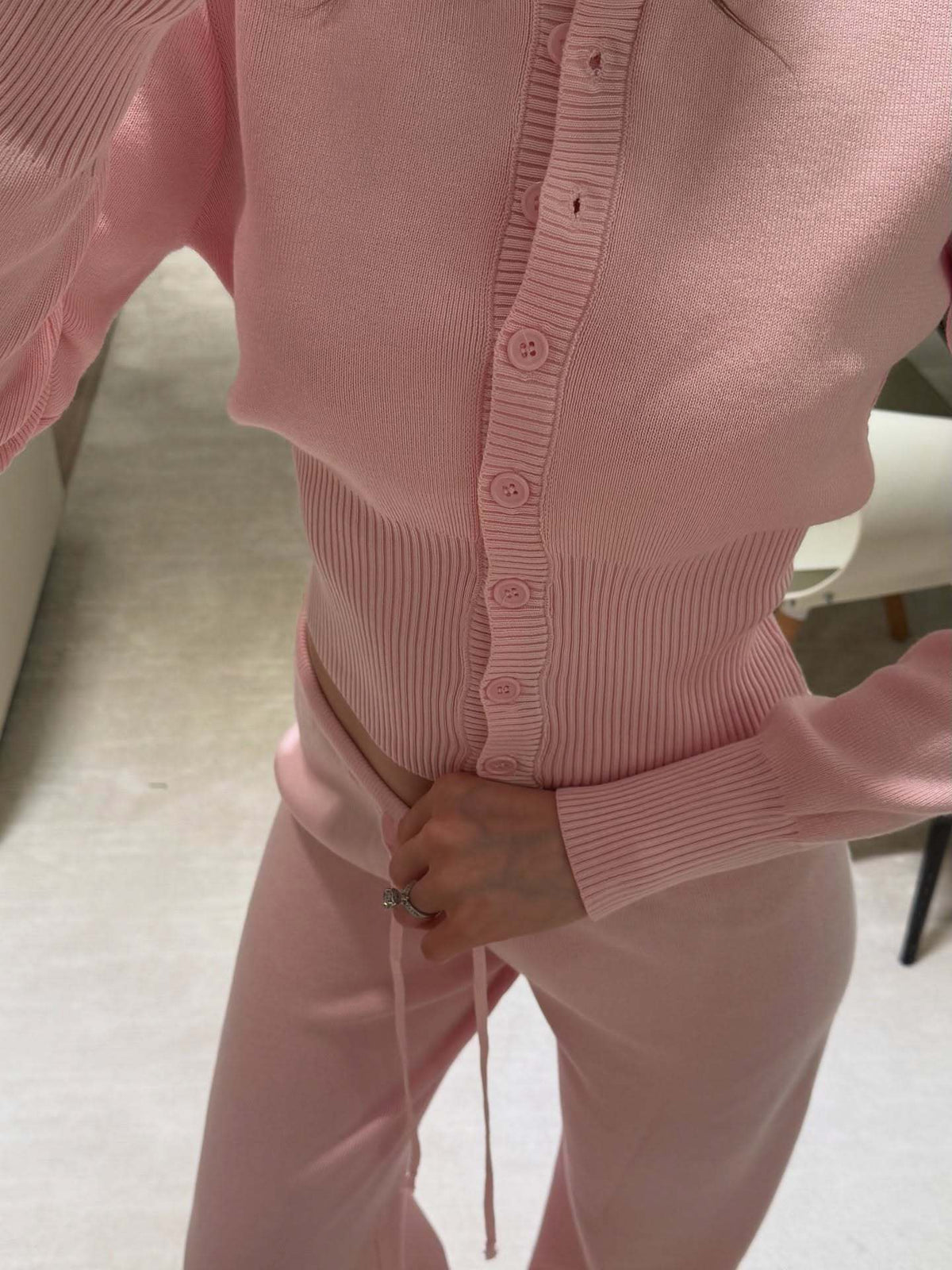 Women's Two Piece Ribbed Knit Cardigan Wide Leg Pants Set