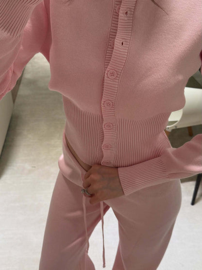 Women's Two Piece Ribbed Knit Cardigan Wide Leg Pants Set