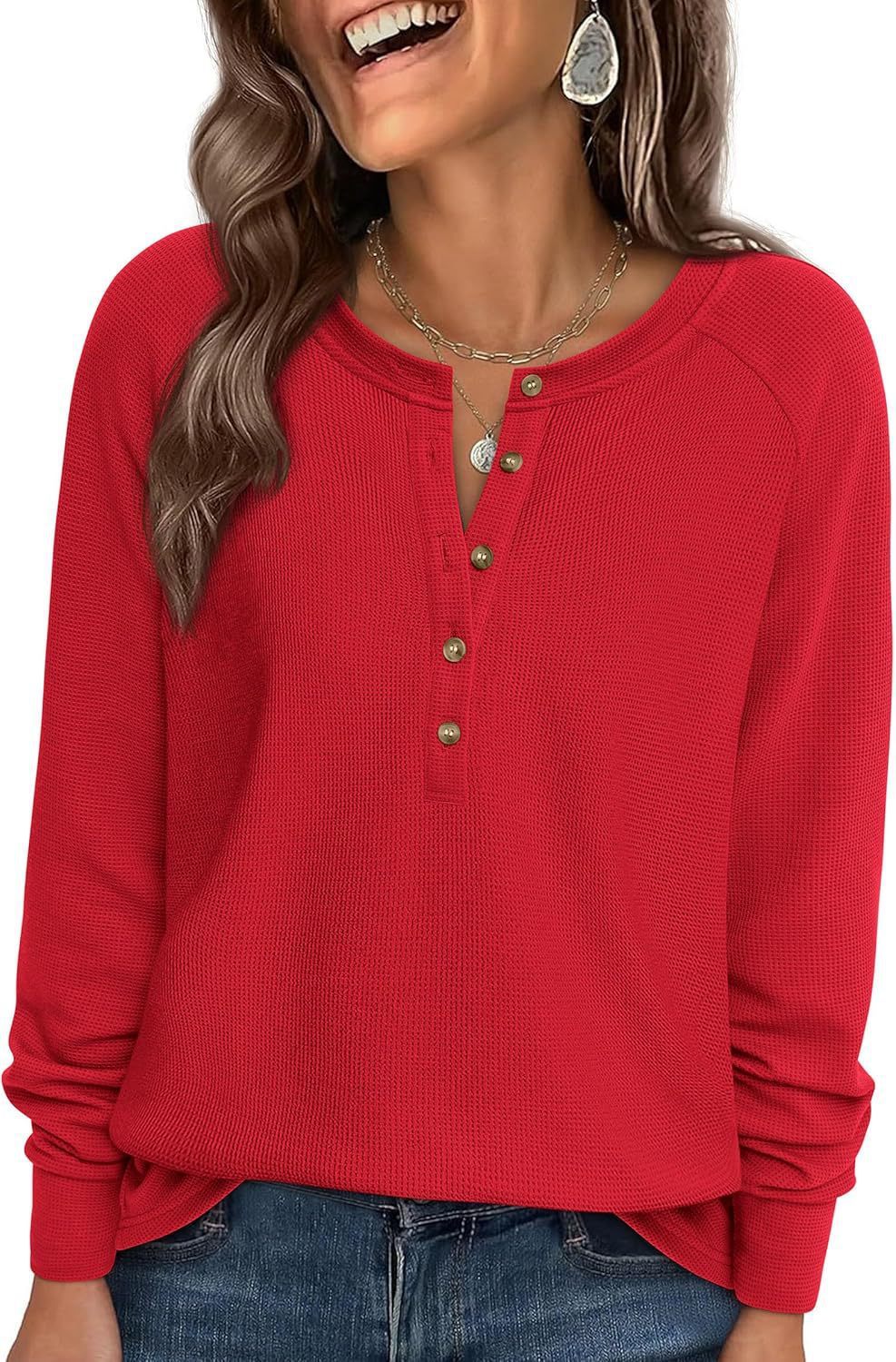 Waffle Knit Henley Top Button V Neck Long Sleeve Tee
