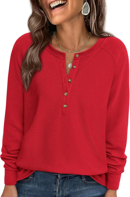 Waffle Knit Henley Top Button V Neck Long Sleeve Tee