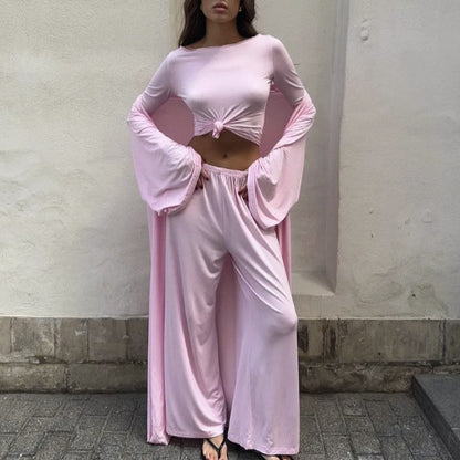 Women's 3 Piece Lounge Set Crop Top Wide Leg Pants Duster