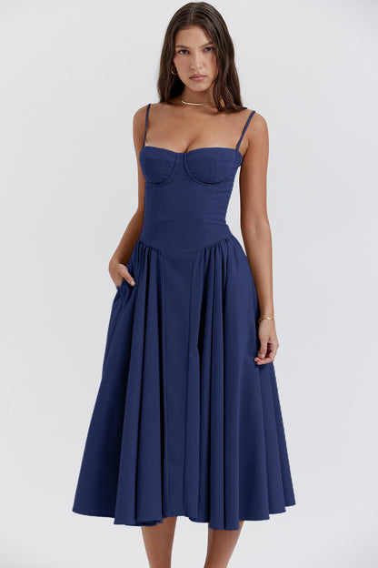 Elegant French Midi Dress Sleeveless Fit Flare Blue
