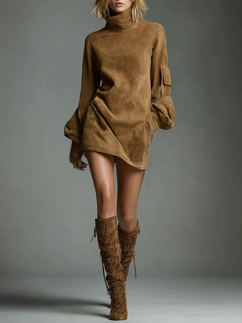Womens Faux Suede Turtleneck Long Sleeve Mini Dress Vintage