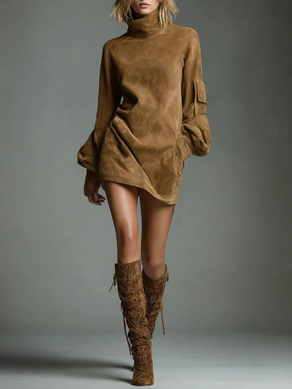 Womens Faux Suede Turtleneck Long Sleeve Mini Dress Vintage