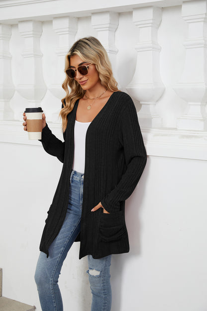 Women's Long Sleeve Ribbed Open Front Cardigan Pockets