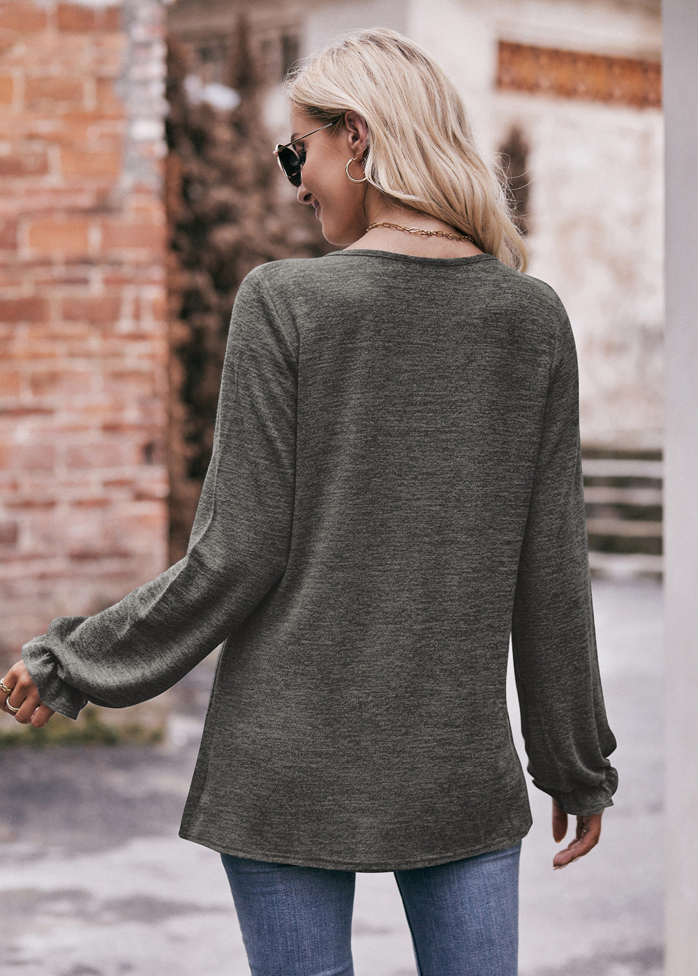 Round Neck Pleated Long Sleeve Brushed Knit Top