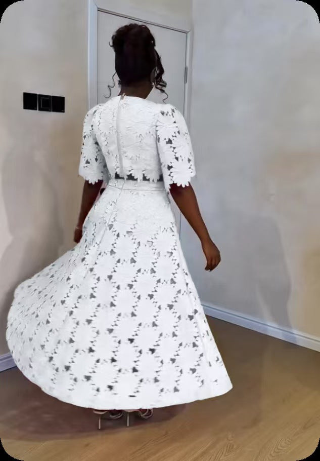 Women's Lace Floral Cutout Two Piece Midi Skirt Set