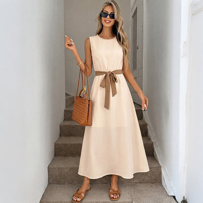 Sleeveless Belted Midi Dress Elegant A-Line Summer Dress