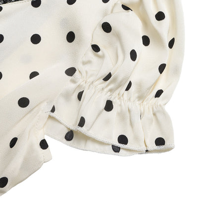 Vintage French Style Polka Dot Lace Splice Deep V Back Dress
