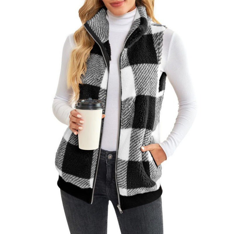 Womens Buffalo Plaid Sherpa Vest Zip Up Fleece Stand Collar