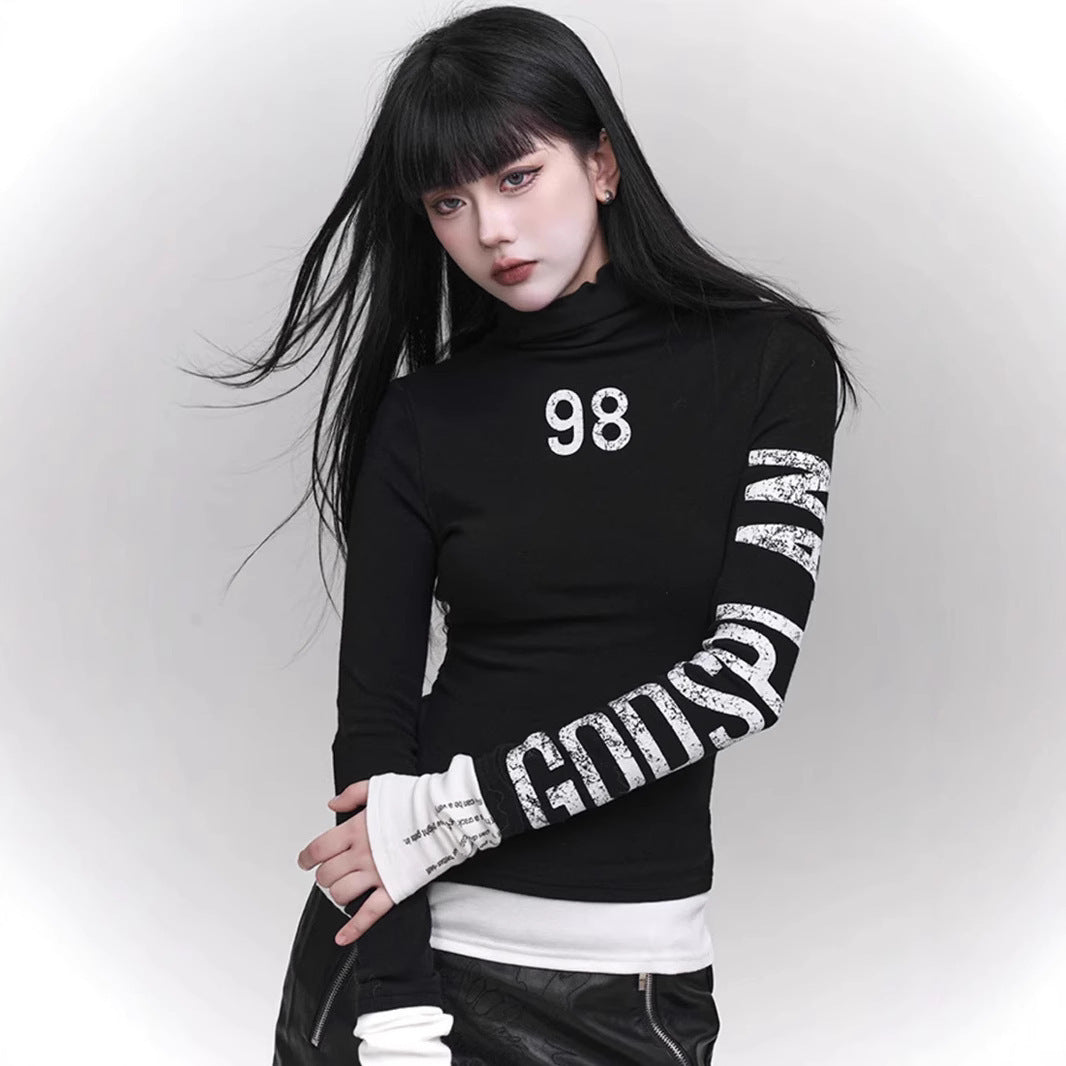 Women's Streetwear Graphic Turtleneck Slim Long Sleeve Top