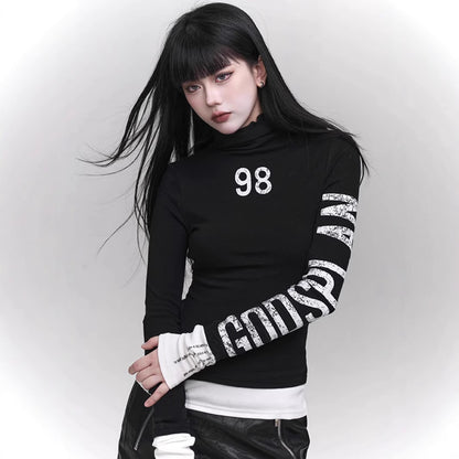 Women's Streetwear Graphic Turtleneck Slim Long Sleeve Top