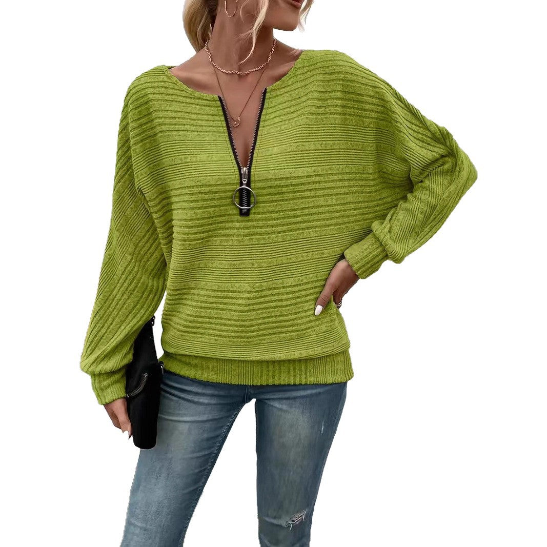 Women's Half Zip V Neck Long Sleeve Chenille Sweater