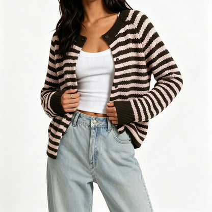 Women's Striped Crew Neck Button Front Knit Cardigan