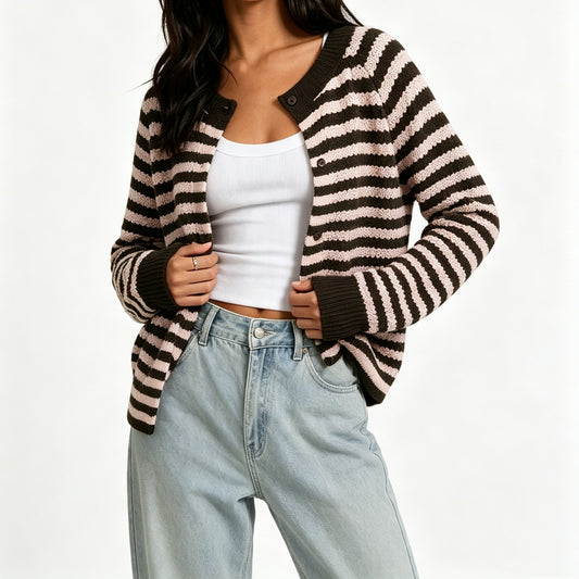Women's Striped Crew Neck Button Front Knit Cardigan