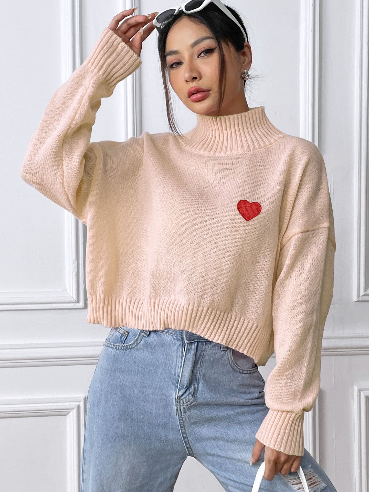 Women's Turtleneck Short Love Sticker Casual Bottoming Shirt