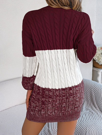 2025 Fall Winter Colorblock Cable Knit Lantern Sleeve Sweater Dress