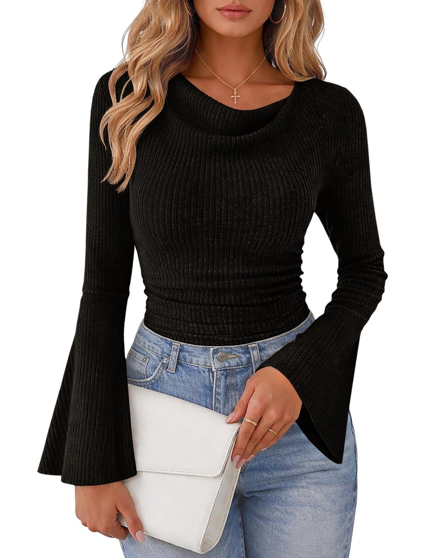 Ribbed Cowl Neck Top Bell Sleeve Slim Fit