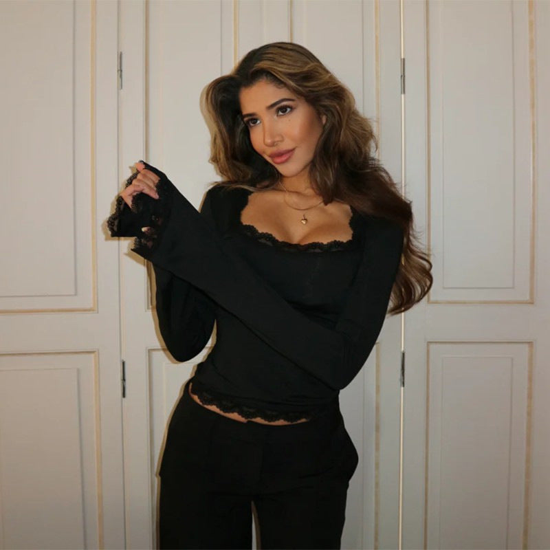 Women's Square Neck Lace Trim Long Sleeve Fitted Top