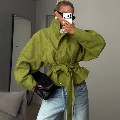 Women's Belted Cropped Jacket Stand Collar Trench Coat