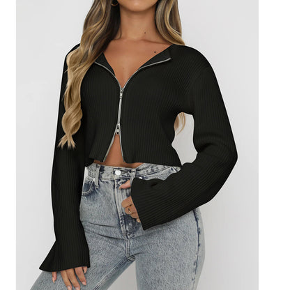 Women’s Ribbed Zip-Up Cropped Sweater with Flare Sleeves