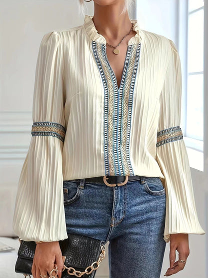 Lace Trim V Neck Blouse Lantern Sleeve Elegant Top