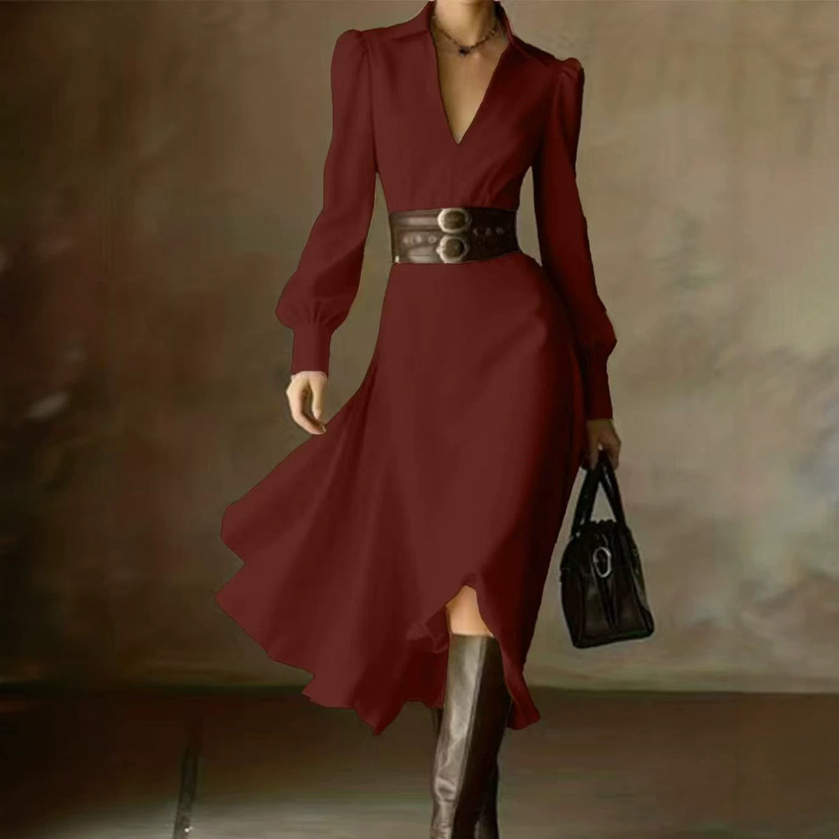 Women's White Collared Long Sleeve Pleated Maxi Dress