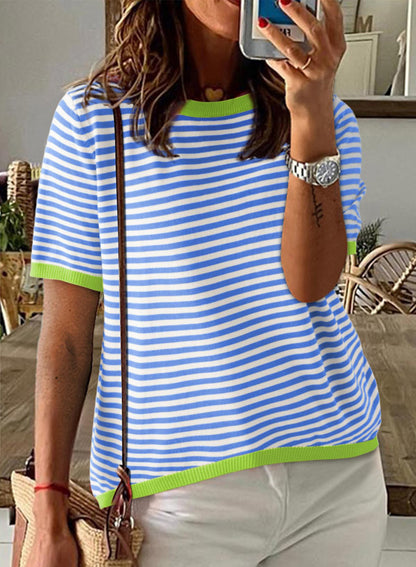 Red Stripe Contrast Trim Short Sleeve Knit Tee