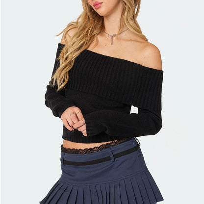 Off Shoulder Ribbed Knit Sweater Long Sleeve Crop Top