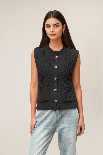 Cable Knit Sweater Vest Button Front Sleeveless Cardigan